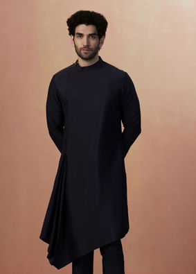 Dark Blue And Maroon Self Design Draped Indo Western image number 2